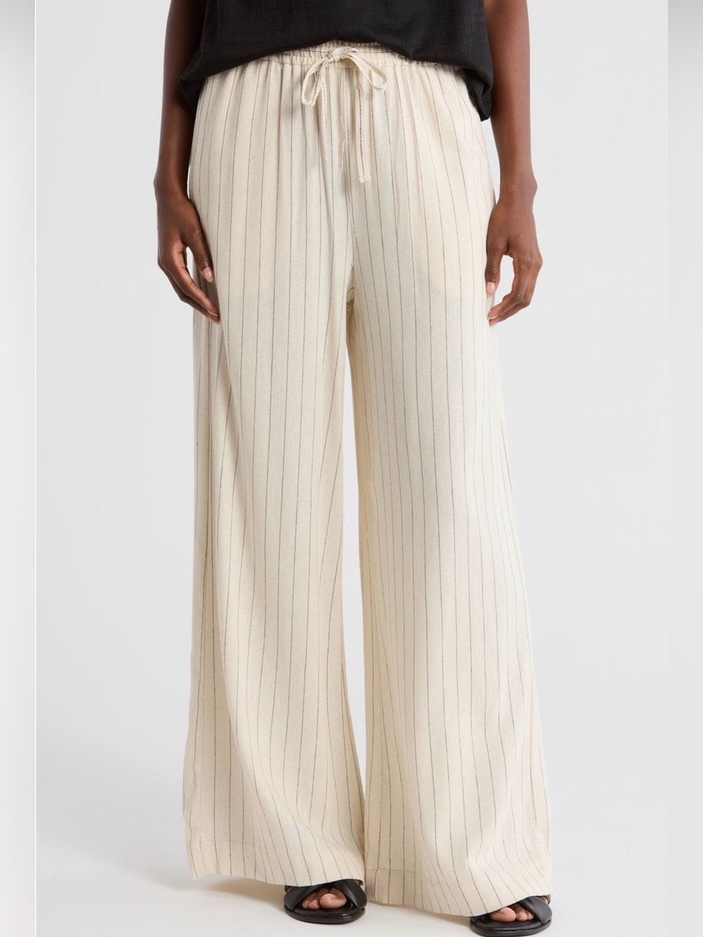 Max Studio Cream Pinstripe Wide-Leg Drawstring Pants